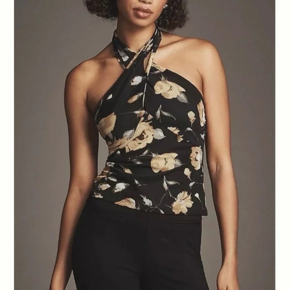 Anthropologie Tie-Neck Shirred Halter Top in Yellow Floral Motif NWT size L
